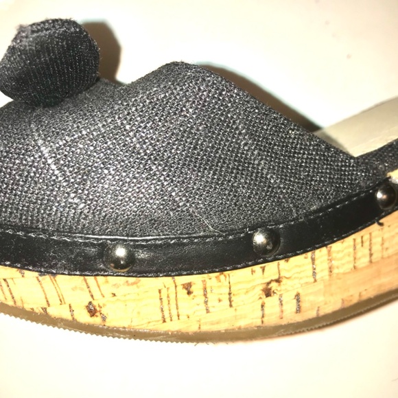 Restricted Black Silver Fleck Cork Wedge Sandals Slides Bow Studded Size 10 - Picture 5 of 13